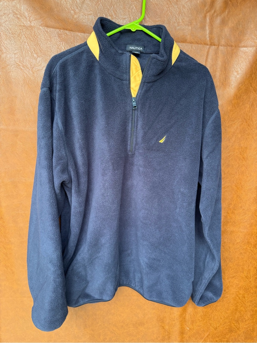 Nautica Mens L Navy Fleece 1/4 Zip Pullover Yellow Logo Pockets 90s Y2K